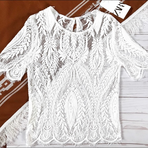 Zara Tops - NWT ZARA White filigree lace short sleeve top